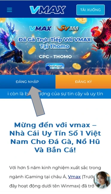 Đăng nhập vmax - nhấp vào nút đăng nhập trên thanh menu