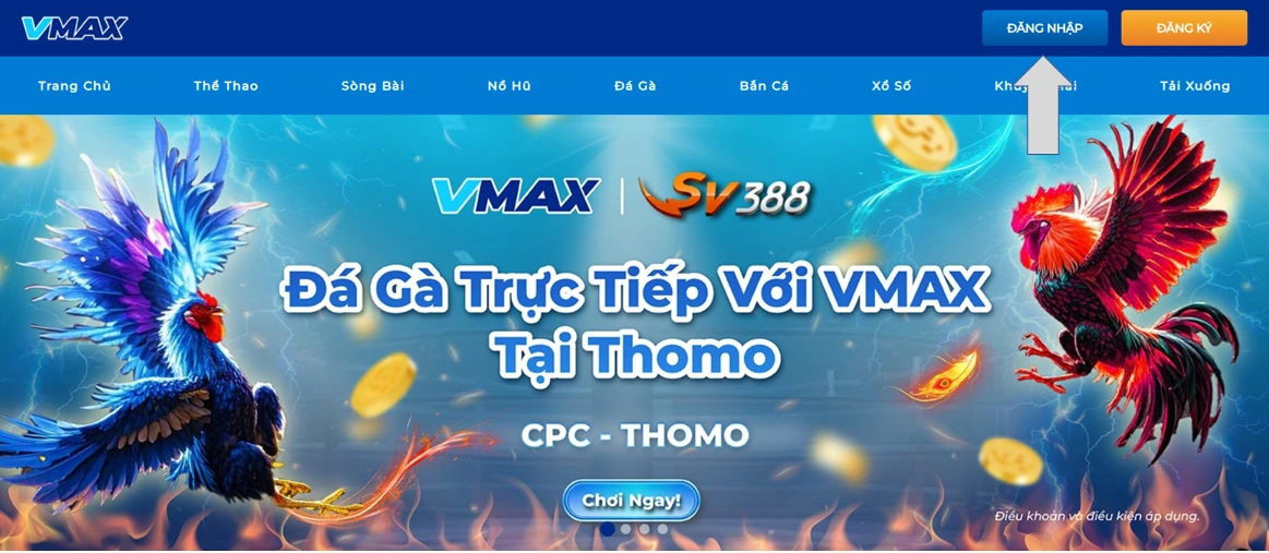 Đăng nhập vmax - nhấp vào nút đăng nhập trên thanh menu