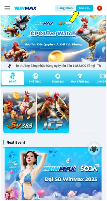 Đăng ký vmax — nhấp vào nút đăng ký trong menu